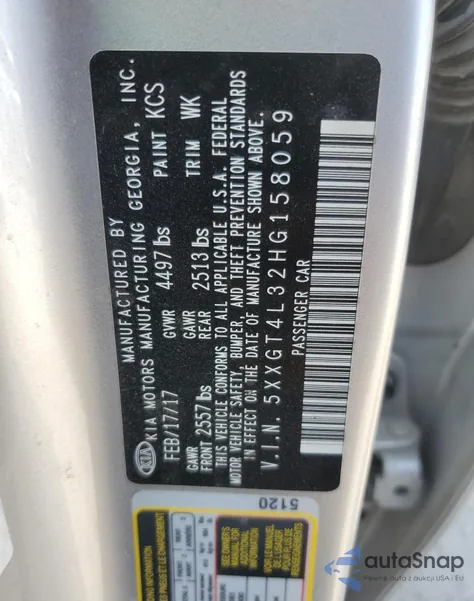 2017 Kia Optima Lx from USA, damaged, VIN 5XXGT4L32HG158059